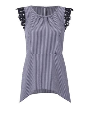 Cabi Seersucker Peplum Top Navy White Stripe Lace Cap Sleeve S